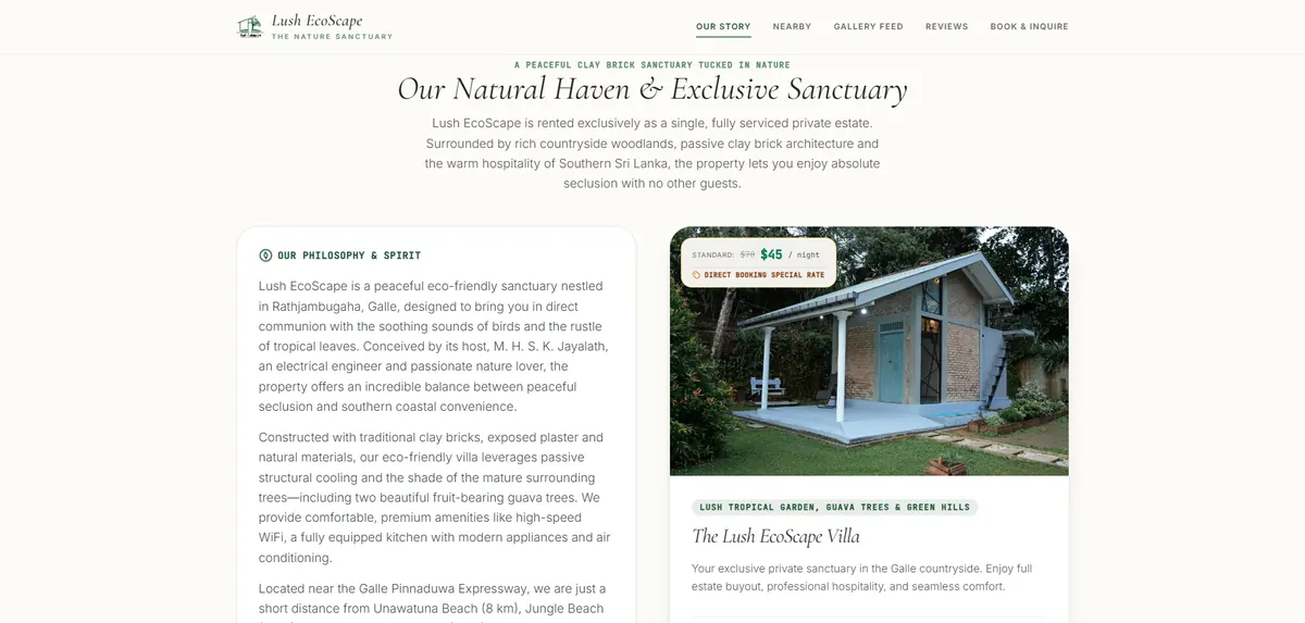 Lush EcoScape direct booking section with nightly rate